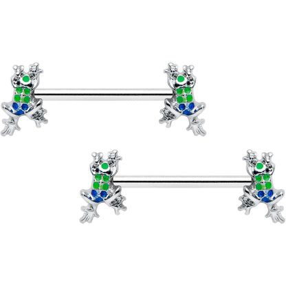 14G 9/16 Clear Gem Polka Dot Frog Barbell Nipple Ring Set