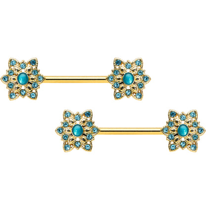 14G 9/16 Aqua Gem Gold Tone Snowflake Christmas Nipple Ring Set