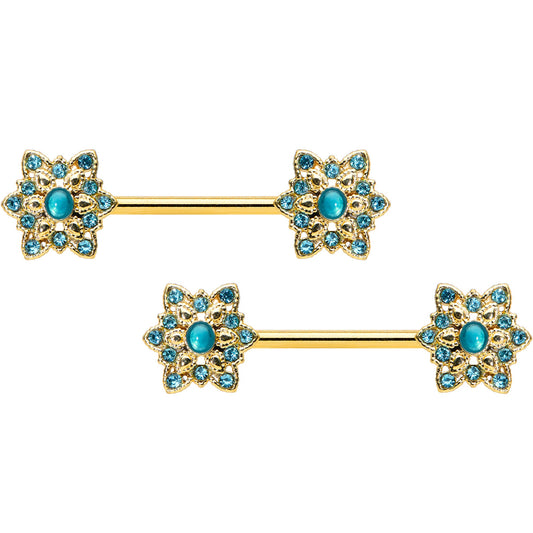 14G 9/16 Aqua Gem Gold Tone Snowflake Christmas Nipple Ring Set