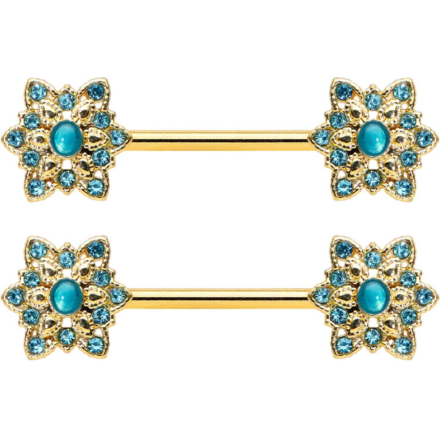 14G 9/16 Aqua Gem Gold Tone Snowflake Christmas Nipple Ring Set