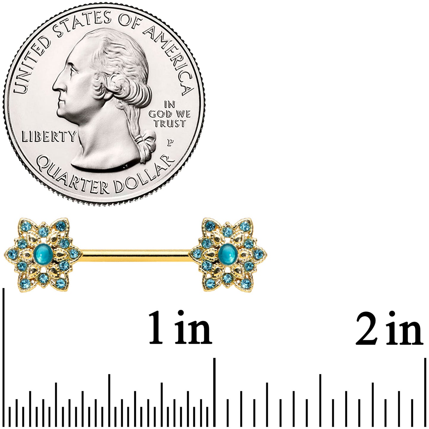 14G 9/16 Aqua Gem Gold Tone Snowflake Christmas Nipple Ring Set