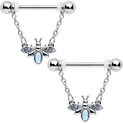 14G 9/16 White Synthetic Opal Chain Dangle Nipple Ring Set