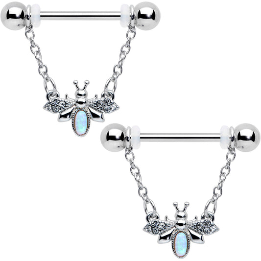 14G 9/16 White Synthetic Opal Chain Dangle Nipple Ring Set