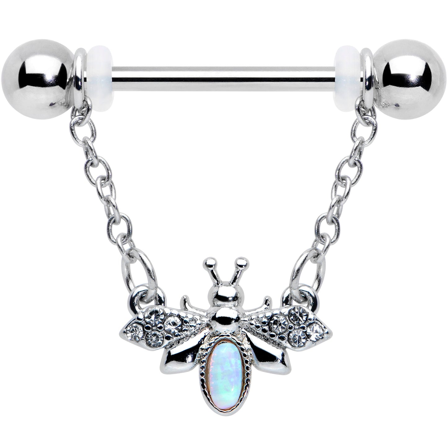 14G 9/16 White Synthetic Opal Chain Dangle Nipple Ring Set