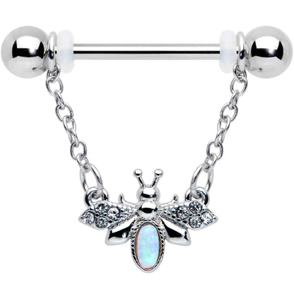 14G 9/16 White Synthetic Opal Chain Dangle Nipple Ring Set