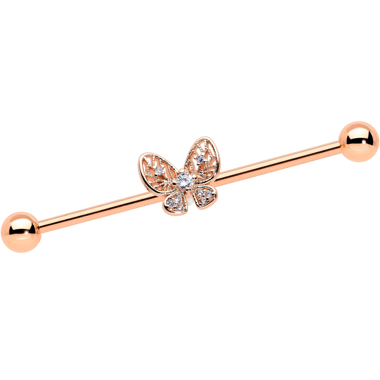 14G Clear Rose Gold Tone Airy Butterfly Industrial Barbell 38mm
