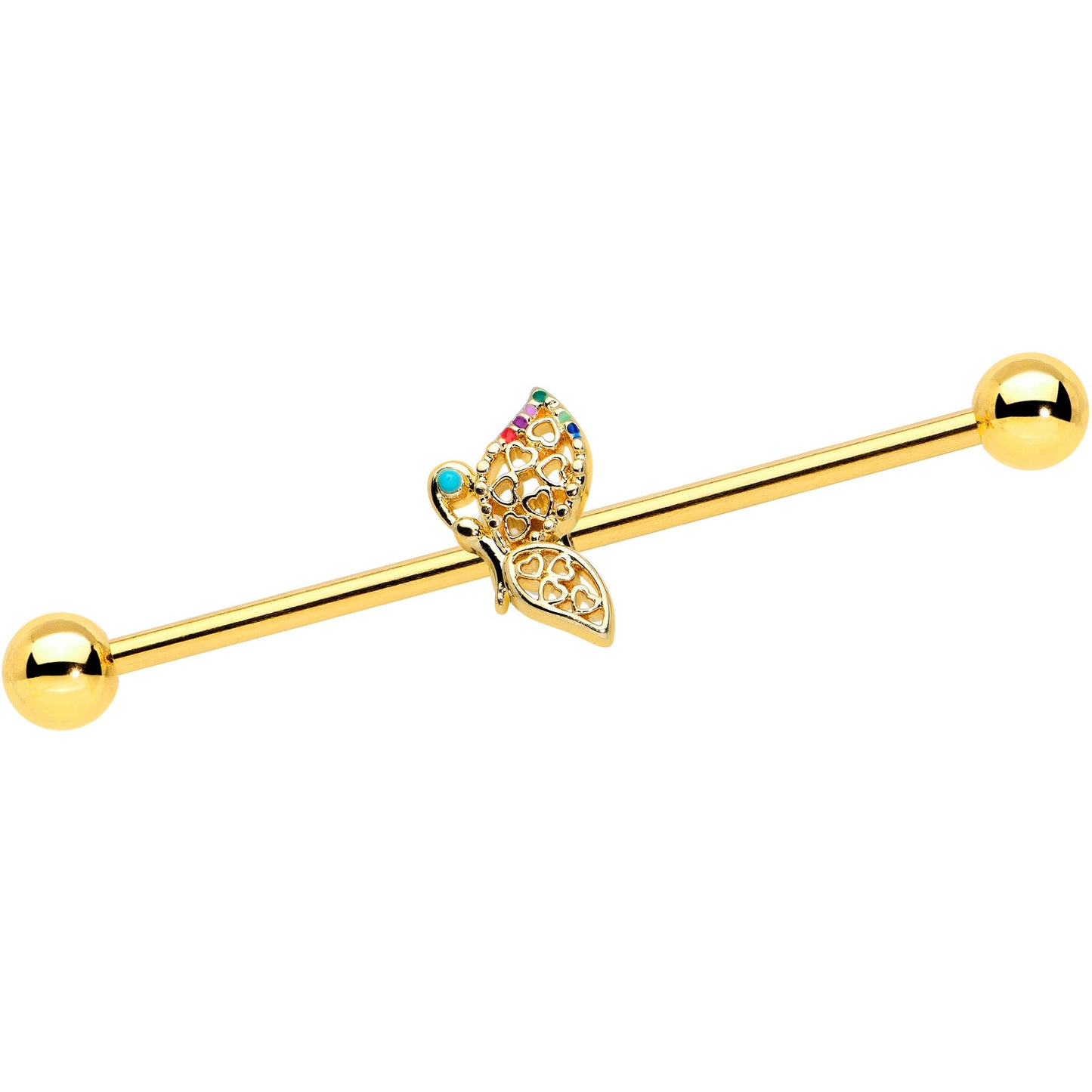 14G Gold Tone Colorful Hearts Butterfly Industrial Barbell 38mm