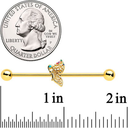 14G Gold Tone Colorful Hearts Butterfly Industrial Barbell 38mm