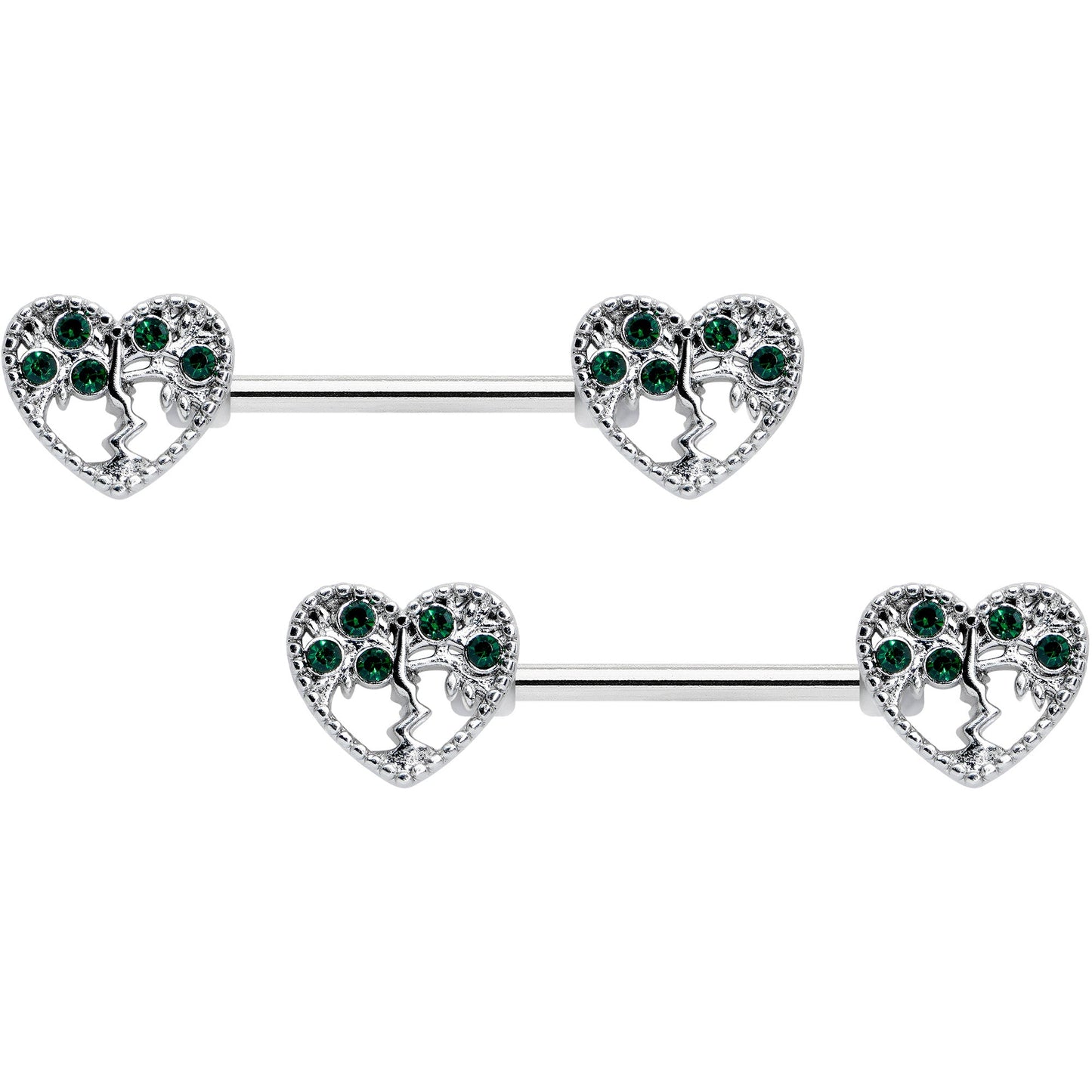 14G 9/16 Green Gem Heart Tree Valentine Nipple Ring Set