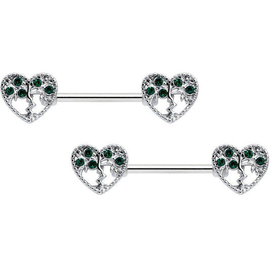 14G 9/16 Green Gem Heart Tree Valentine Nipple Ring Set