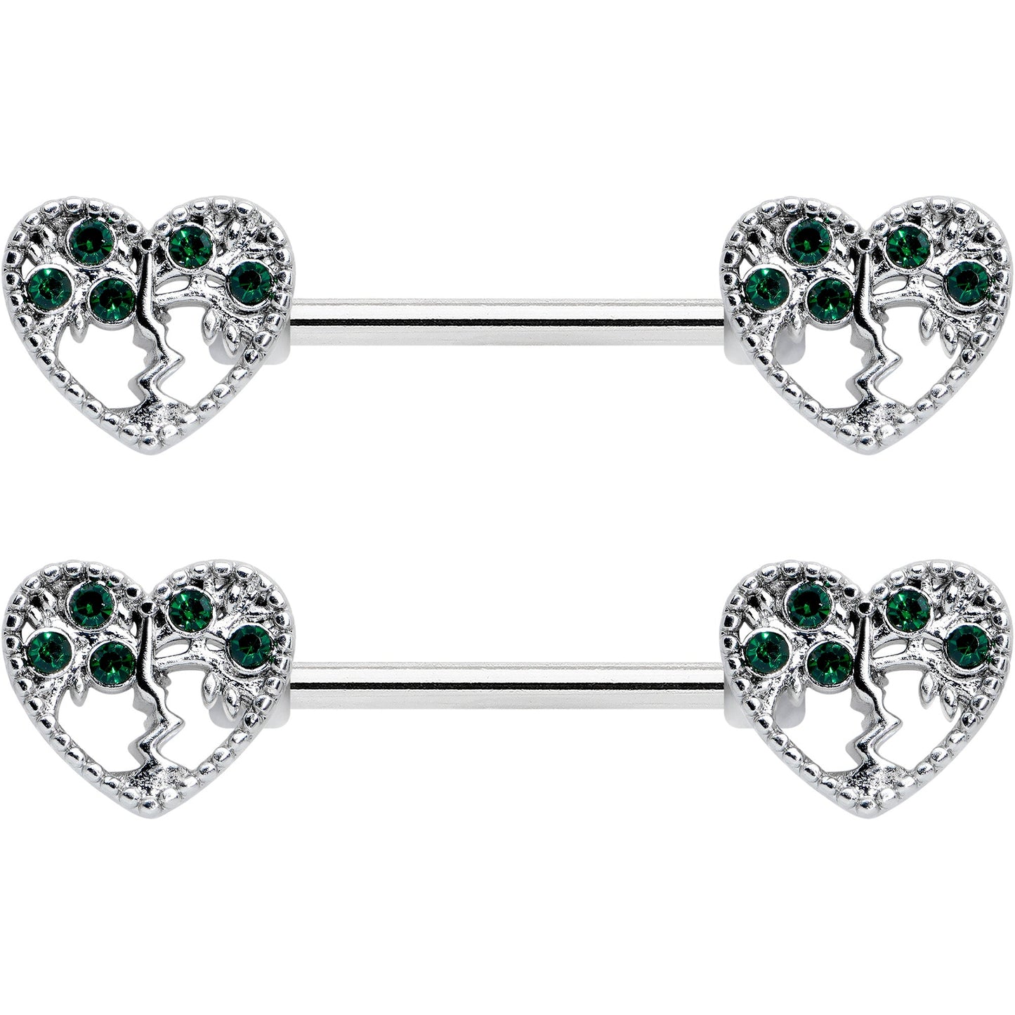 14G 9/16 Green Gem Heart Tree Valentine Nipple Ring Set