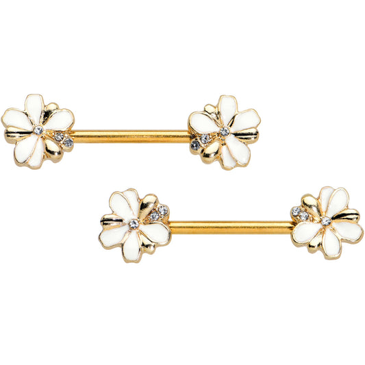 14G 9/16 Clear Gem Gold Tone Feeding Bee Barbell Nipple Ring Set