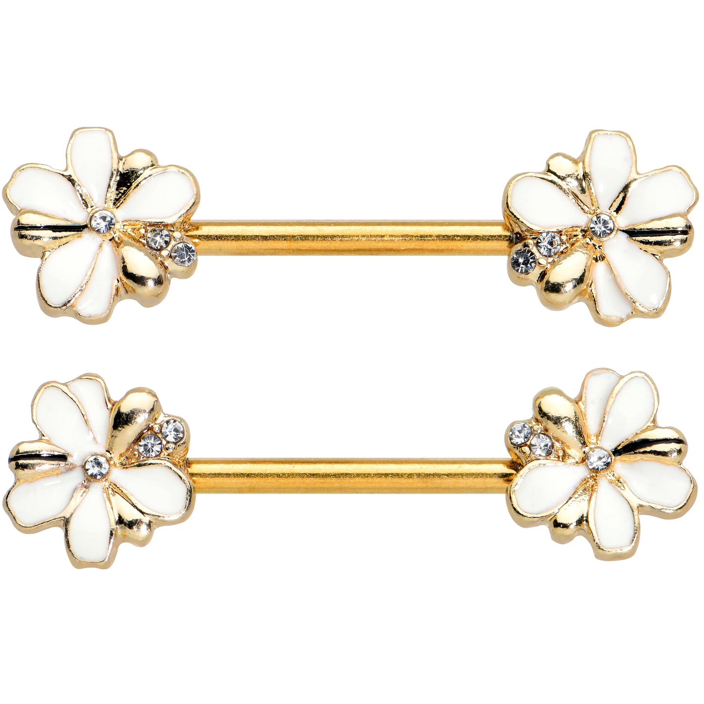 14G 9/16 Clear Gem Gold Tone Feeding Bee Barbell Nipple Ring Set