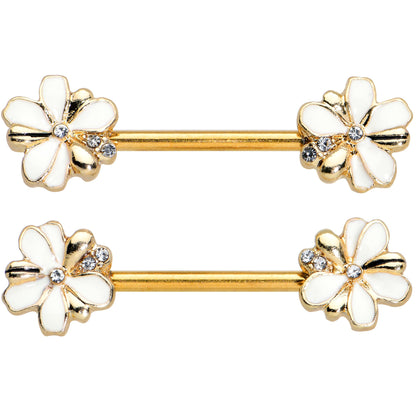 14G 9/16 Clear Gem Gold Tone Feeding Bee Barbell Nipple Ring Set