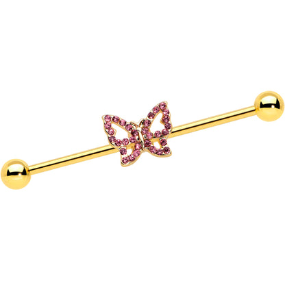 14G Pink Gem Gold Tone Simple Butterfly Industrial Barbell 38mm