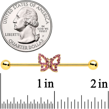 14G Pink Gem Gold Tone Simple Butterfly Industrial Barbell 38mm