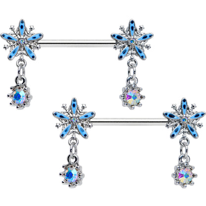 14G 9/16 Aurora Gem Snowflake Blues Christmas Nipple Ring Set