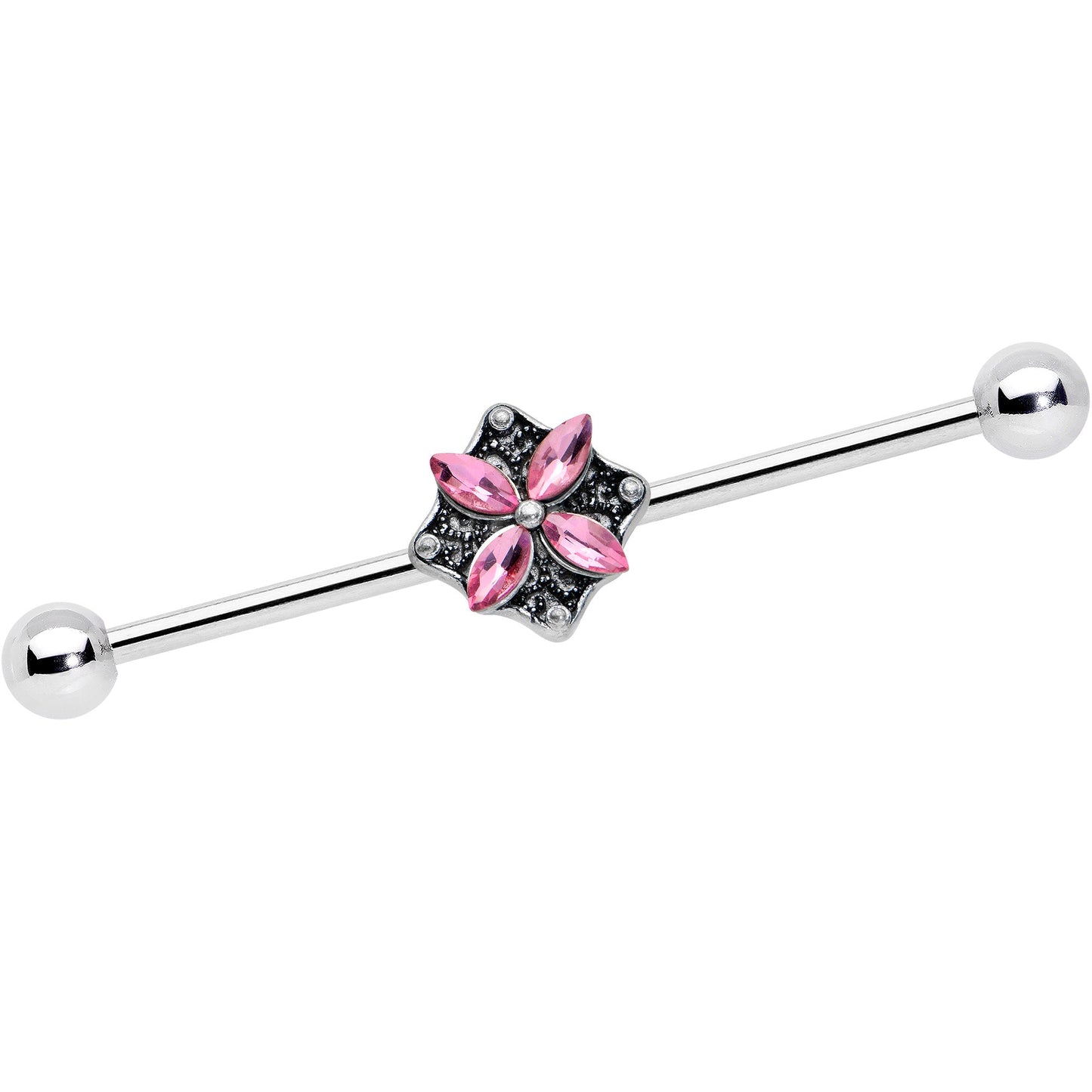 14G Pink Gem Rhombus Flower Industrial Barbell 38mm