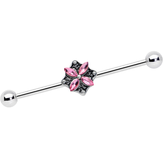 14G Pink Gem Rhombus Flower Industrial Barbell 38mm