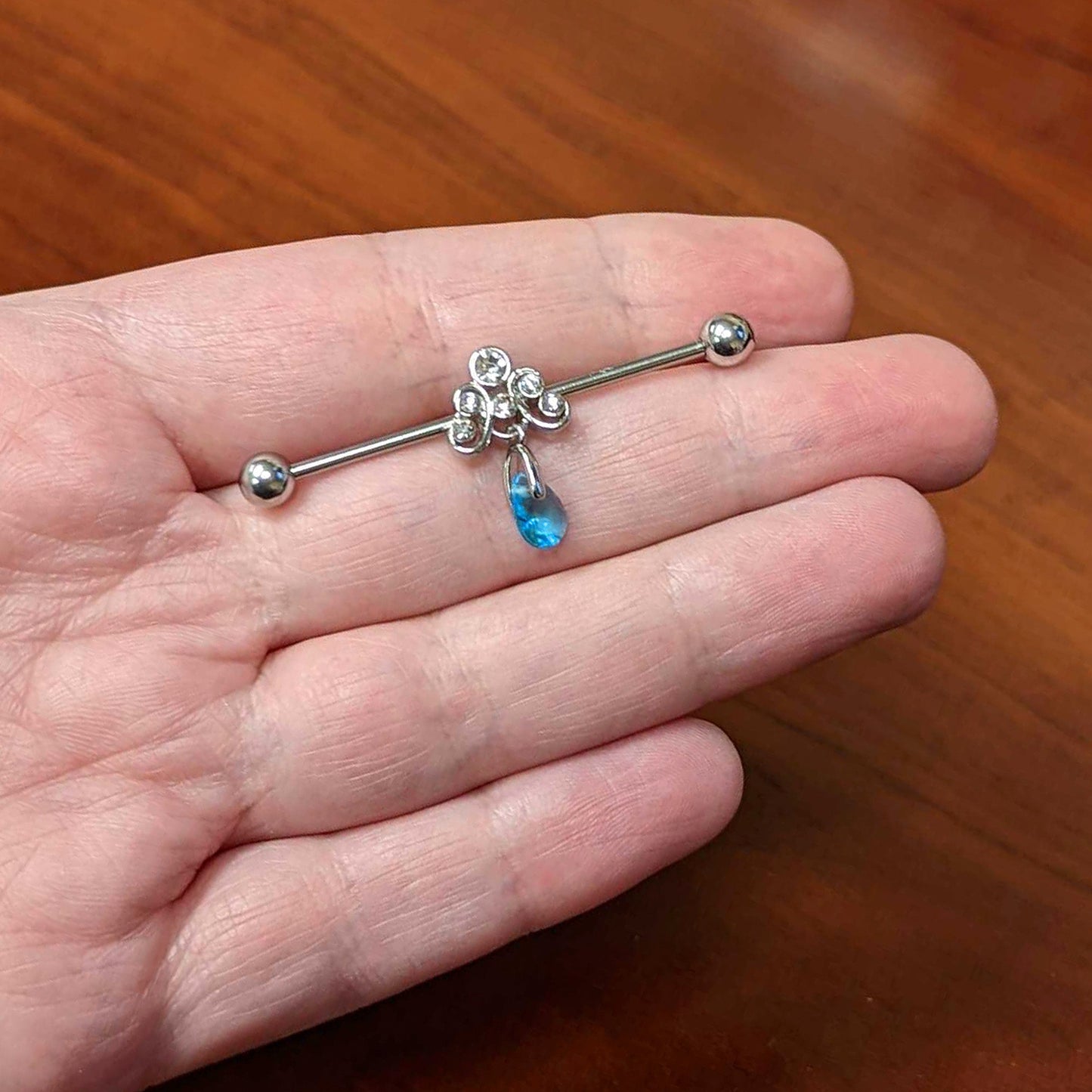 14G Blue Gem Scrolling Elegance Dangle Industrial Barbell 38mm