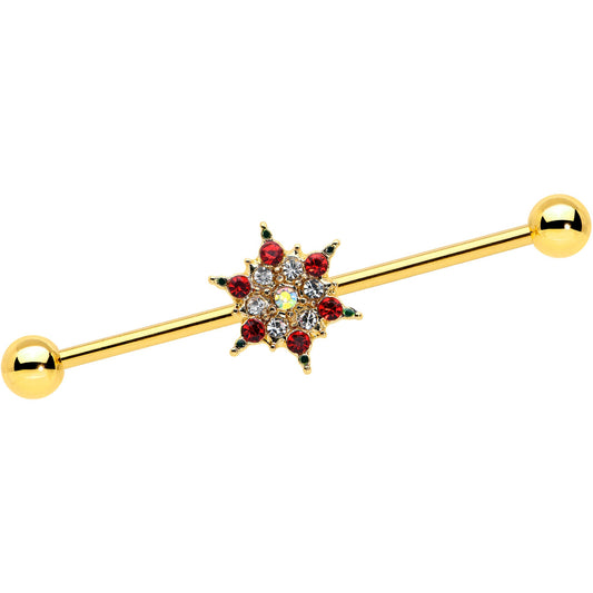14G Red Gem Gold Tone Bright Christmas Industrial Barbell 38mm