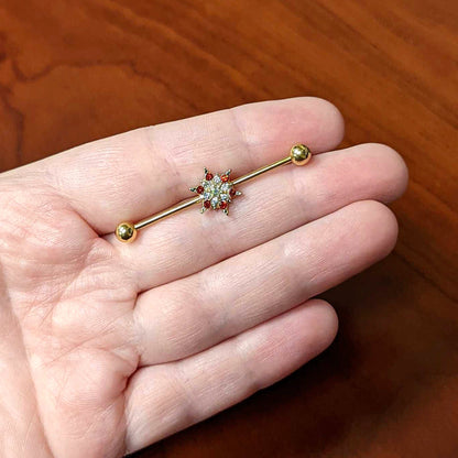 14G Red Gem Gold Tone Bright Christmas Industrial Barbell 38mm