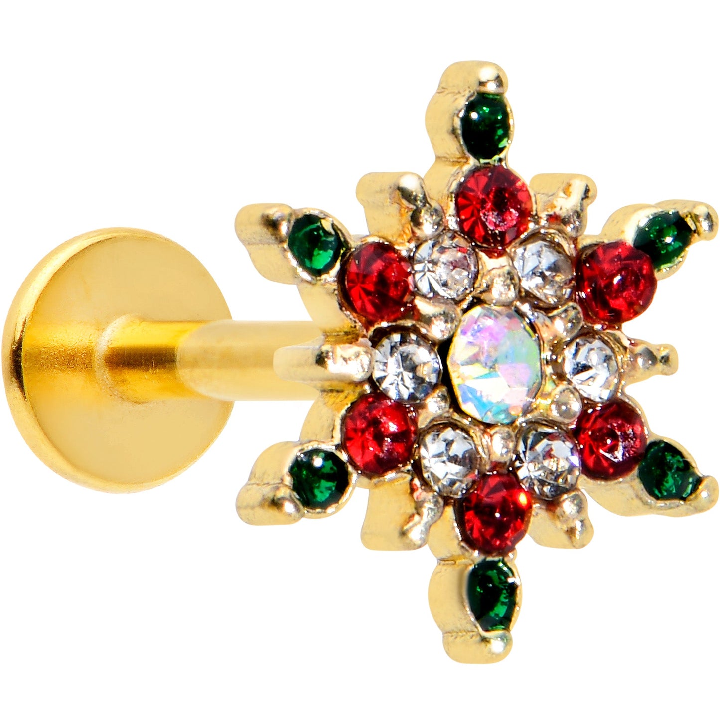 16G 5/16 Red Aurora Gem Gold Tone Xmas Star Holiday Labret Tragus