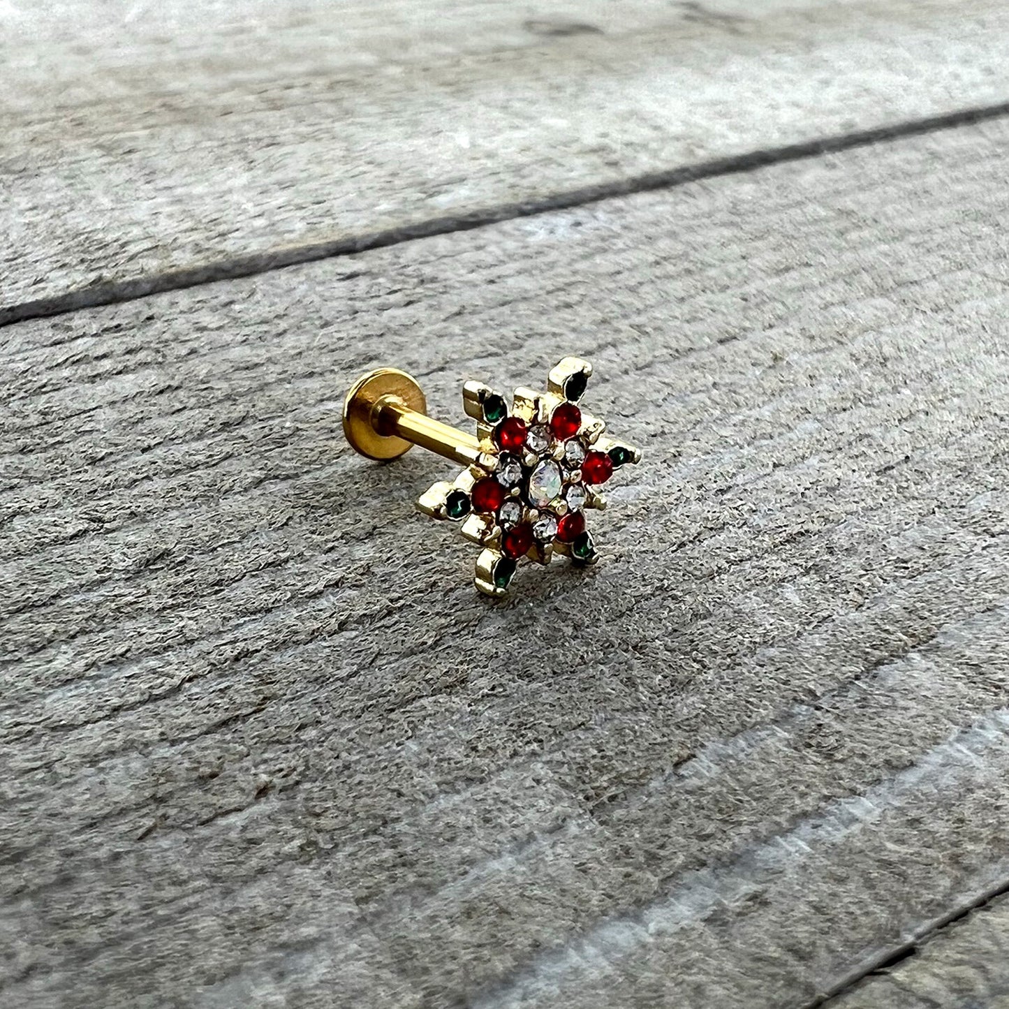 16G 5/16 Red Aurora Gem Gold Tone Xmas Star Holiday Labret Tragus