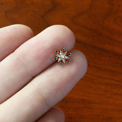 16G 5/16 Red Aurora Gem Gold Tone Xmas Star Holiday Labret Tragus