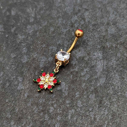 Aurora Red Green Gem Gold Tone Christmas Star Holiday Dangle Belly Ring