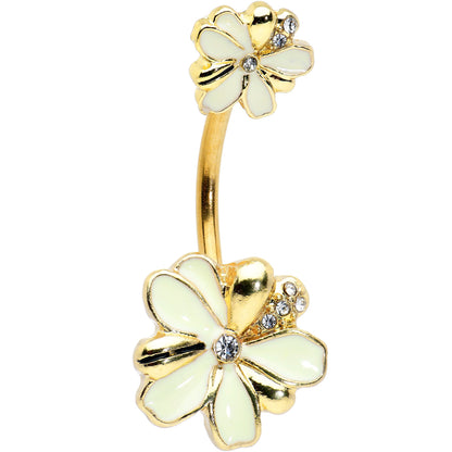 Clear Gem Gold Tone White Texture Daisy Flower Double Mount Belly Ring