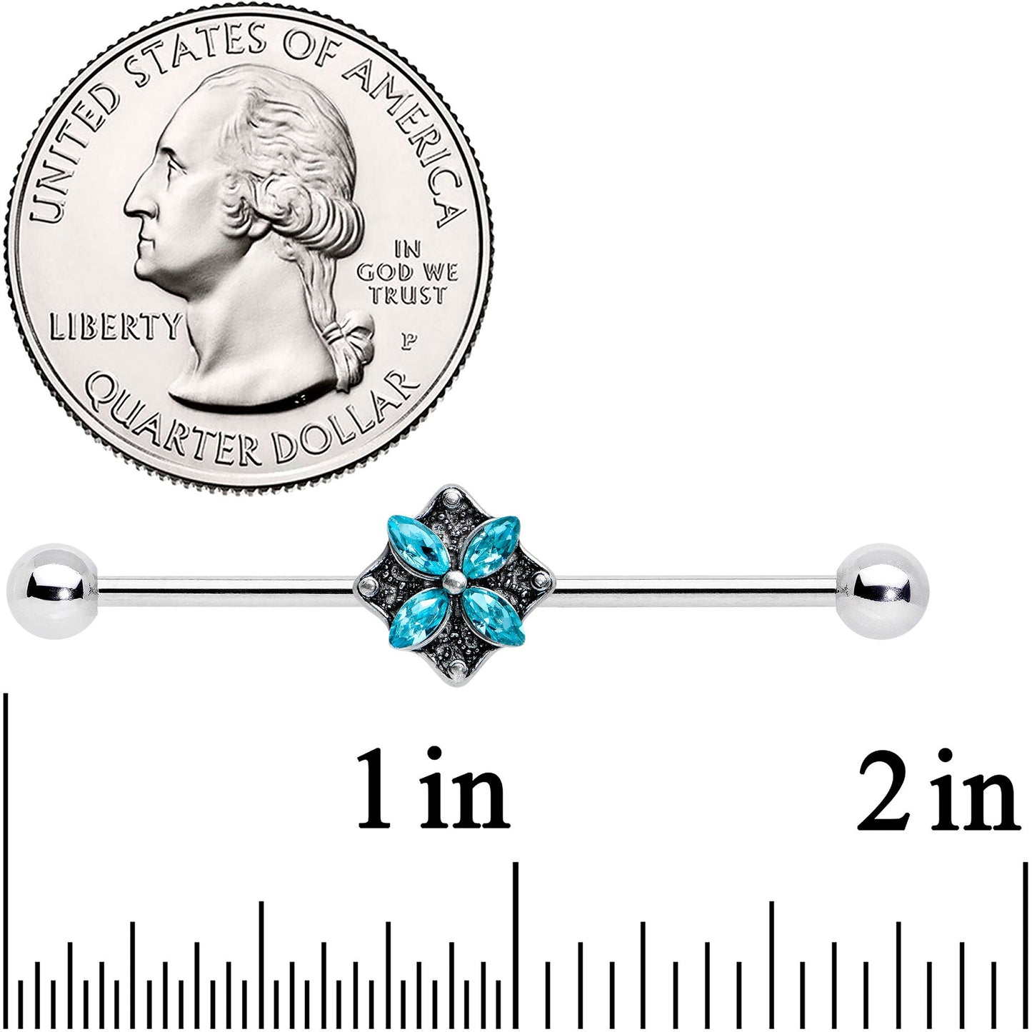 14G Blue Gem Rhombus Flower Industrial Barbell 38mm