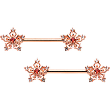 14G 9/16 Red Gem Rosy Hue Texture Snowflake Barbell Nipple Ring Set