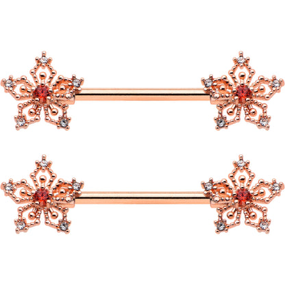 14G 9/16 Red Gem Rosy Hue Texture Snowflake Barbell Nipple Ring Set