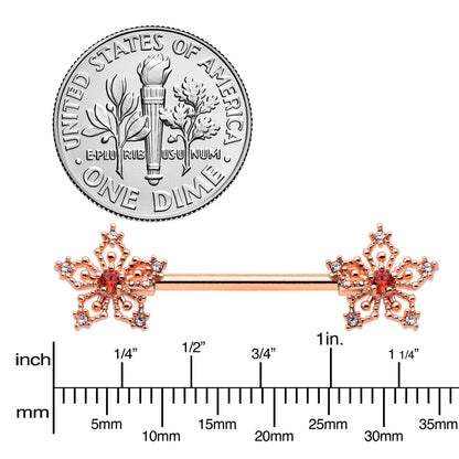 14G 9/16 Red Gem Rosy Hue Texture Snowflake Barbell Nipple Ring Set