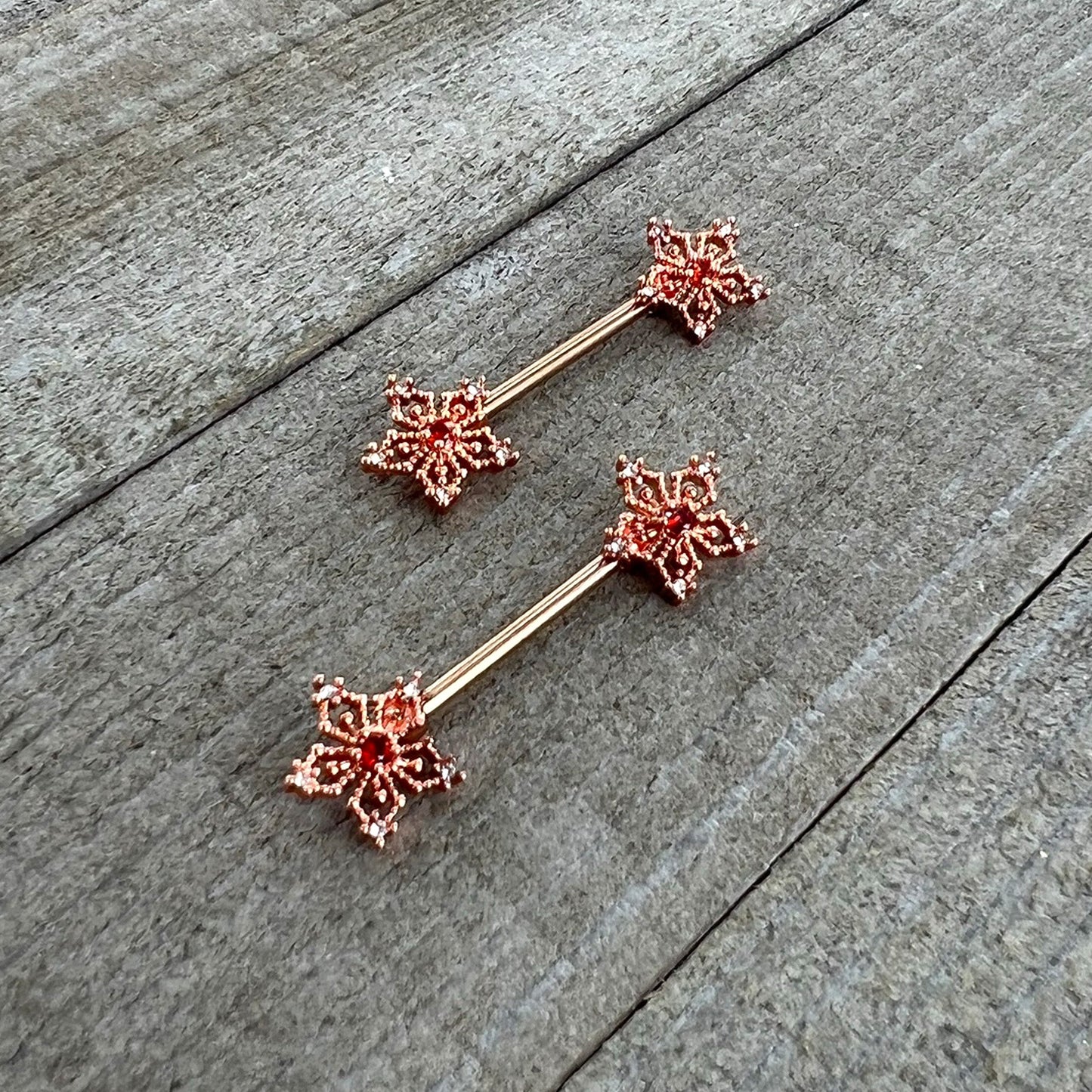 14G 9/16 Red Gem Rosy Hue Texture Snowflake Barbell Nipple Ring Set