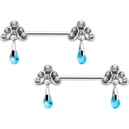 14G 9/16 Blue Gem Scrolling Elegance Dangle Nipple Ring Set