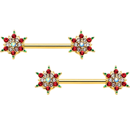 14G 9/16 Red Gem Gold Hue Bright Christmas Barbell Nipple Ring Set