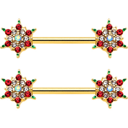 14G 9/16 Red Gem Gold Hue Bright Christmas Barbell Nipple Ring Set