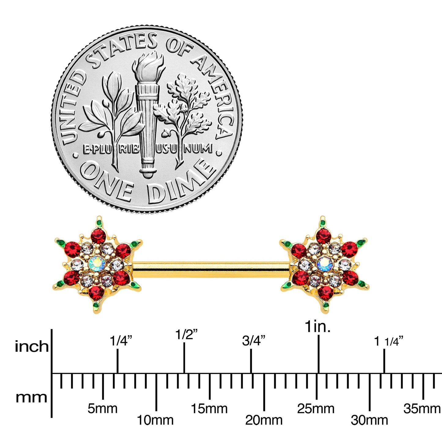 14G 9/16 Red Gem Gold Hue Bright Christmas Barbell Nipple Ring Set