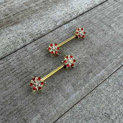 14G 9/16 Red Gem Gold Hue Bright Christmas Barbell Nipple Ring Set