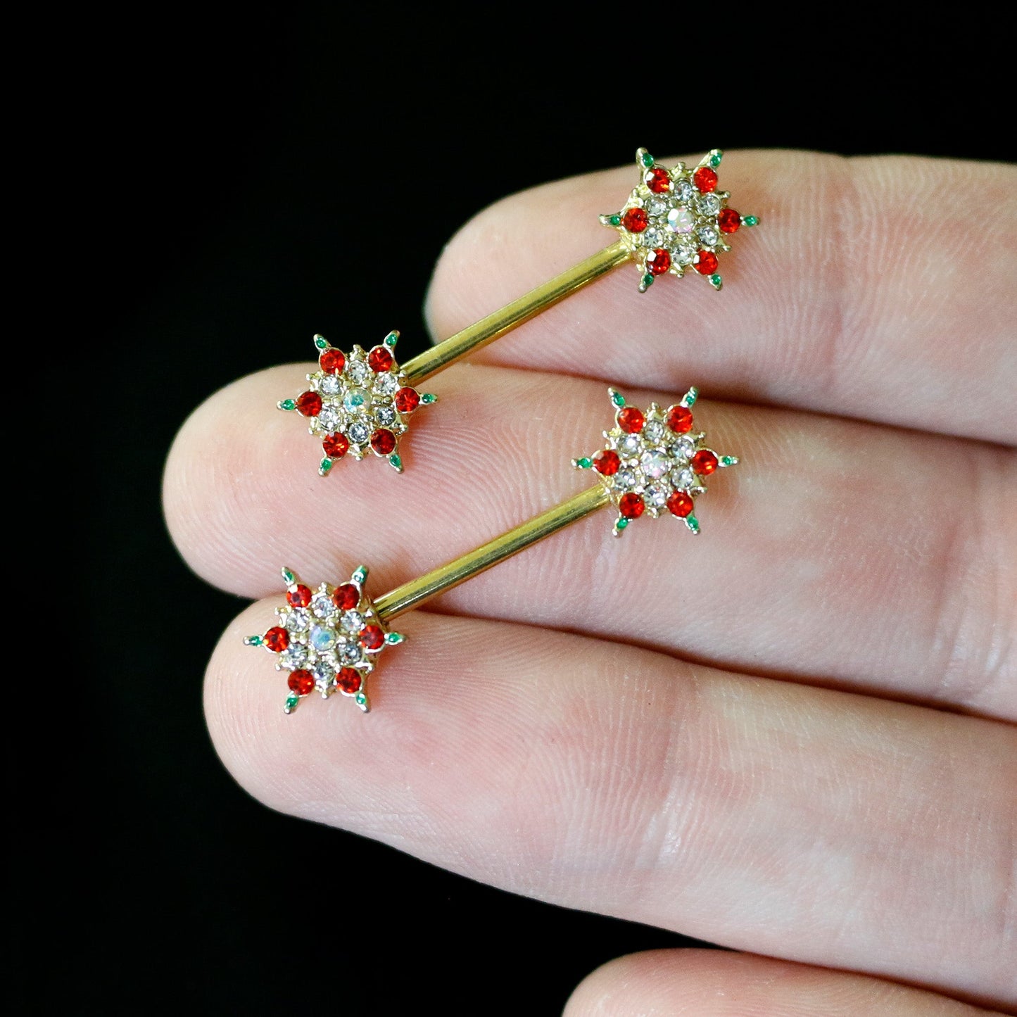 14G 9/16 Red Gem Gold Hue Bright Christmas Barbell Nipple Ring Set