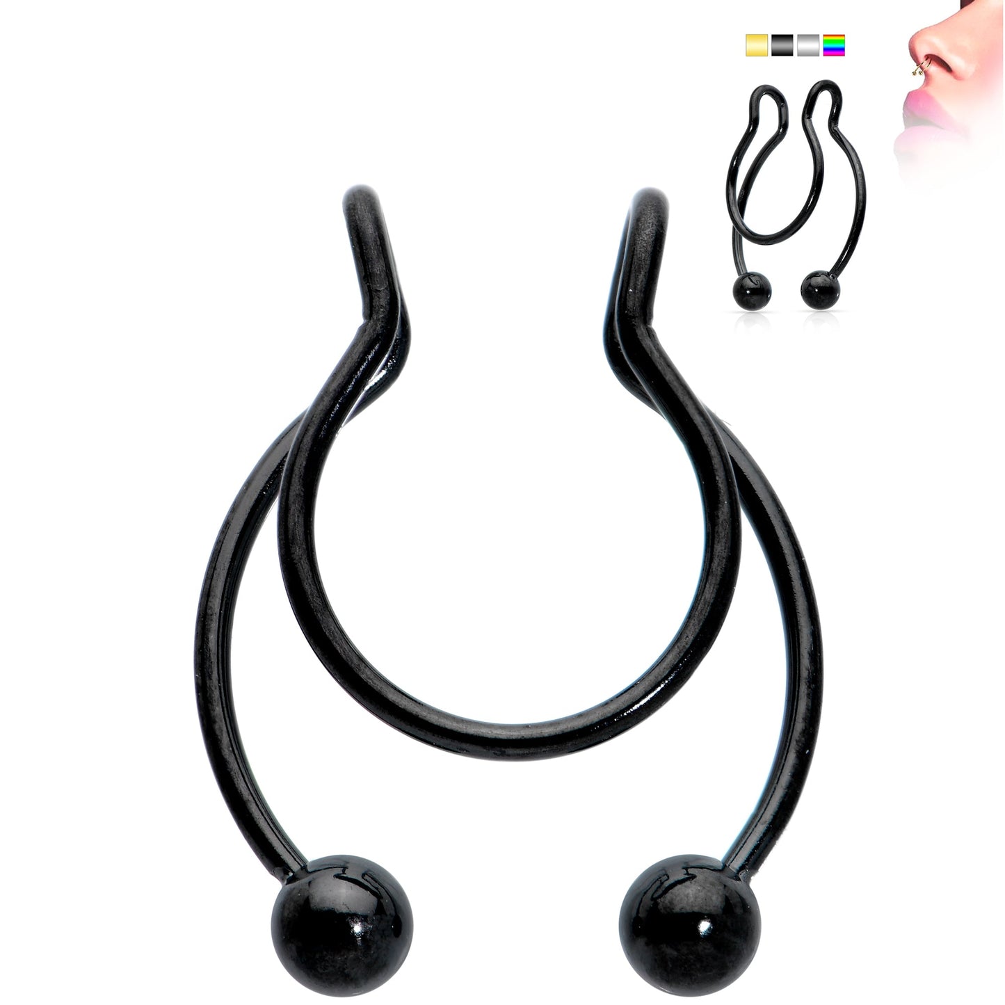 Black Horseshoe Ball Fake Septum Ring Nipple and Clip on Earring