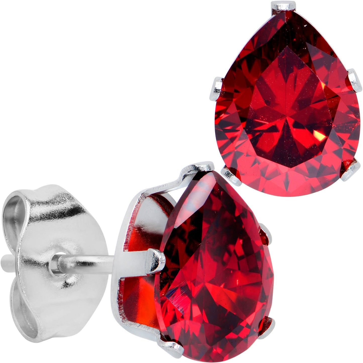 Red CZ Teardrop Stainless Steel Stud Earrings 3mm to 7mm