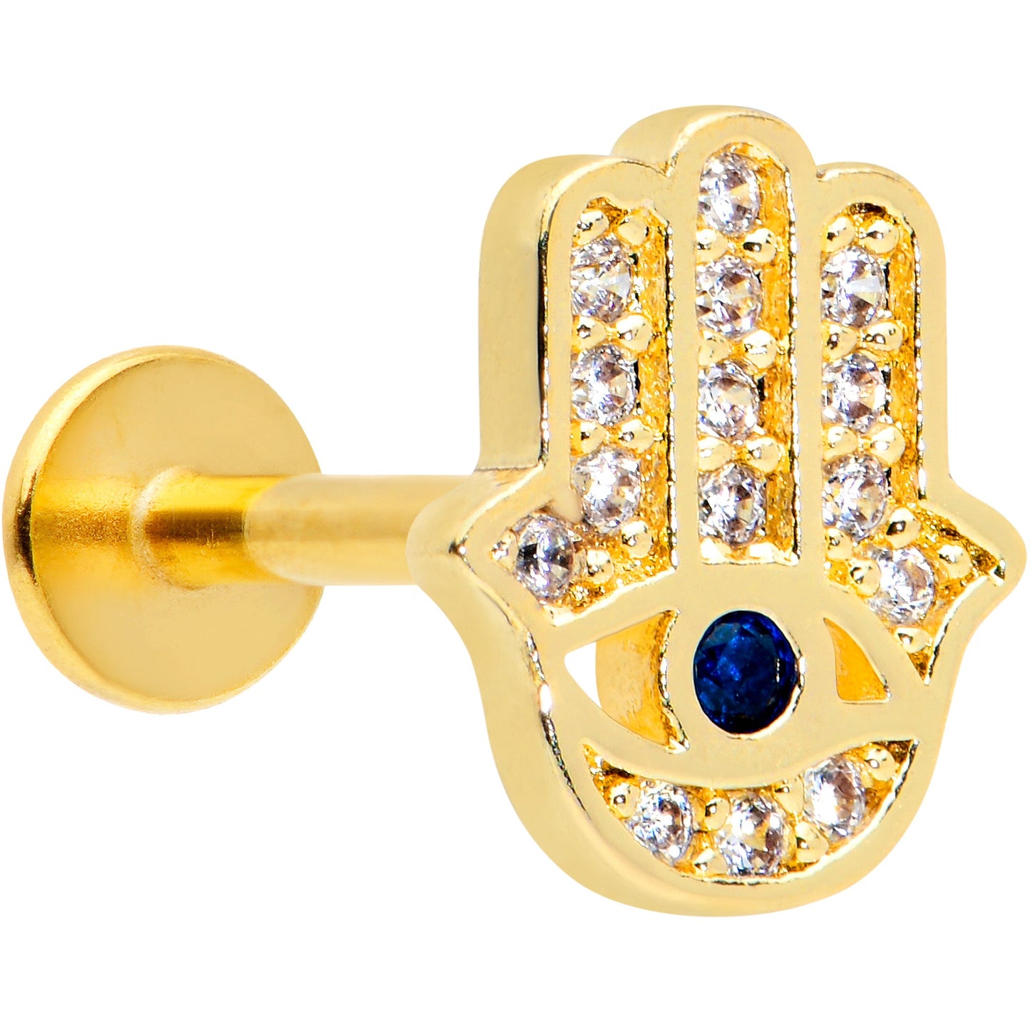 16G 5/16 Clear Blue Gem Gold Tone Eye Hamsa Labret Monroe Tragus