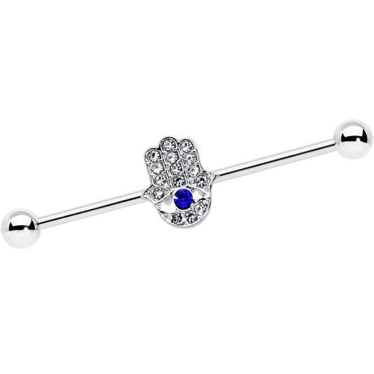 14G Clear Blue Gem Hamsa Hand Eye Industrial Barbell 38mm