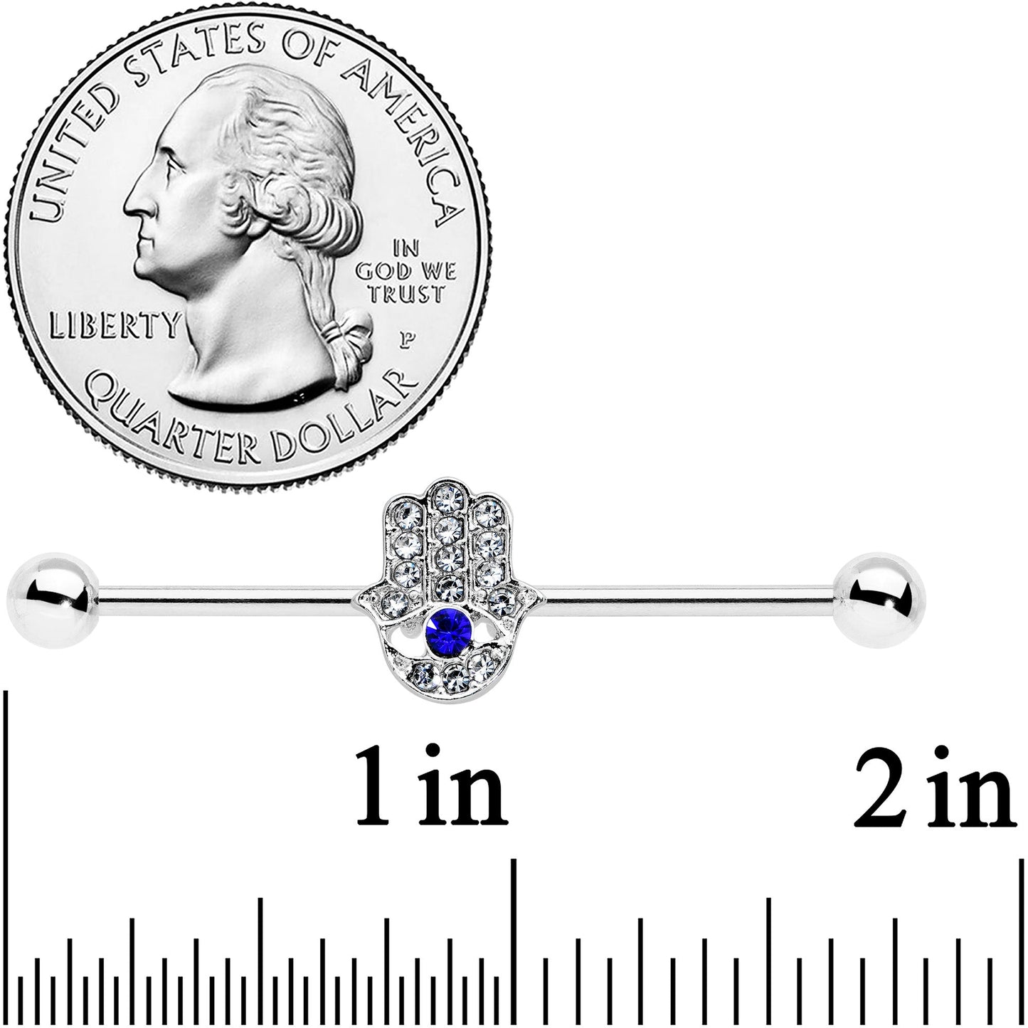 14G Clear Blue Gem Hamsa Hand Eye Industrial Barbell 38mm