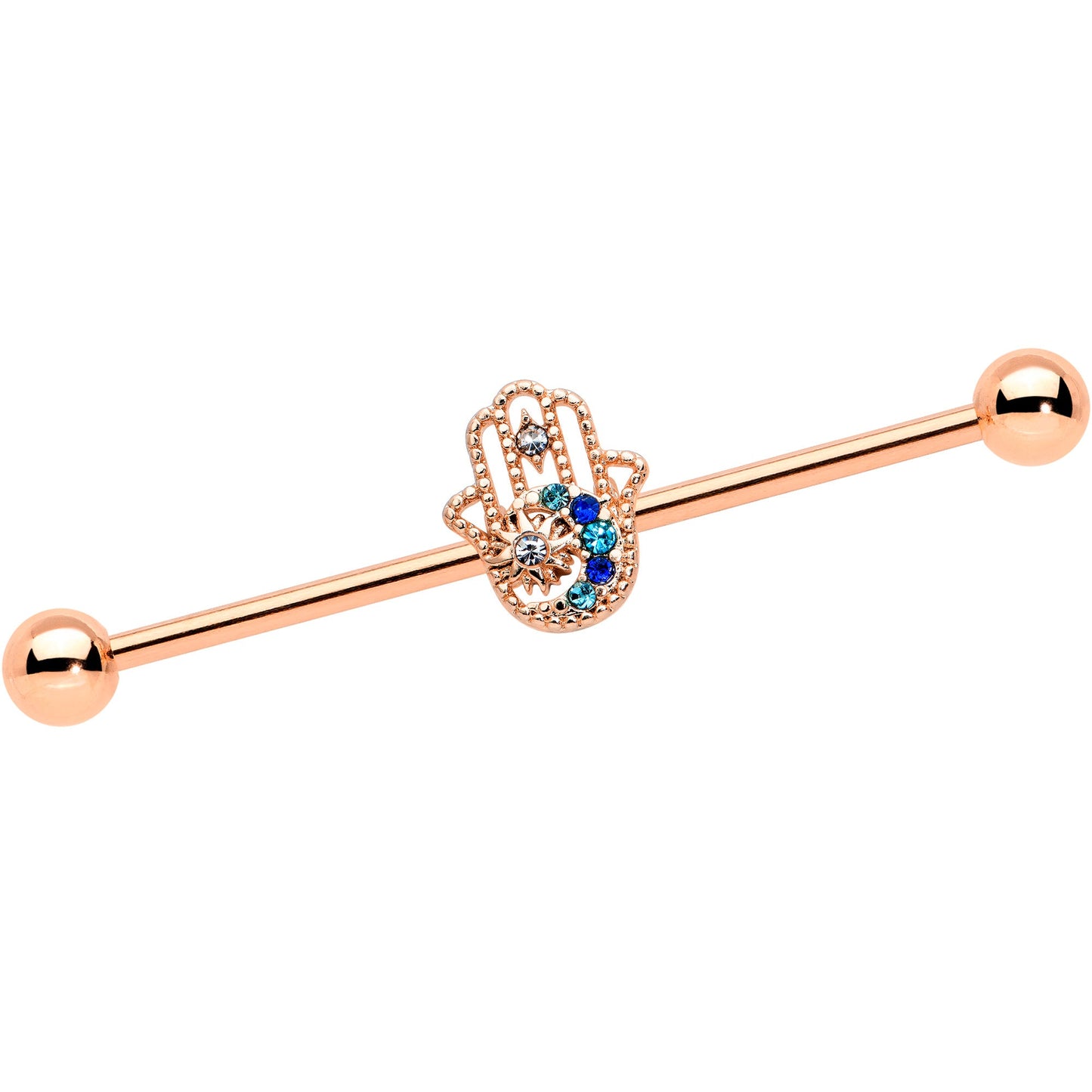14G Blue Gem Rose Gold Hue Texture Hamsa Industrial Barbell 38mm