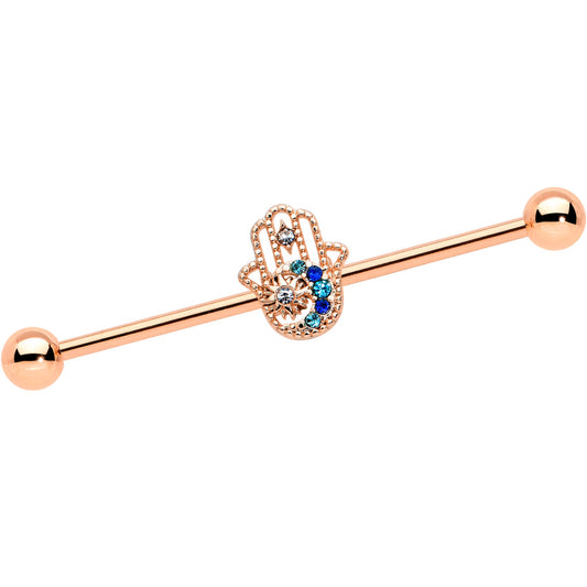 14G Blue Gem Rose Gold Hue Texture Hamsa Industrial Barbell 38mm