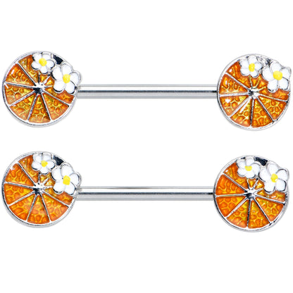 14G 9/16 Sweet Orange Fruit Flower Barbell Nipple Ring Set
